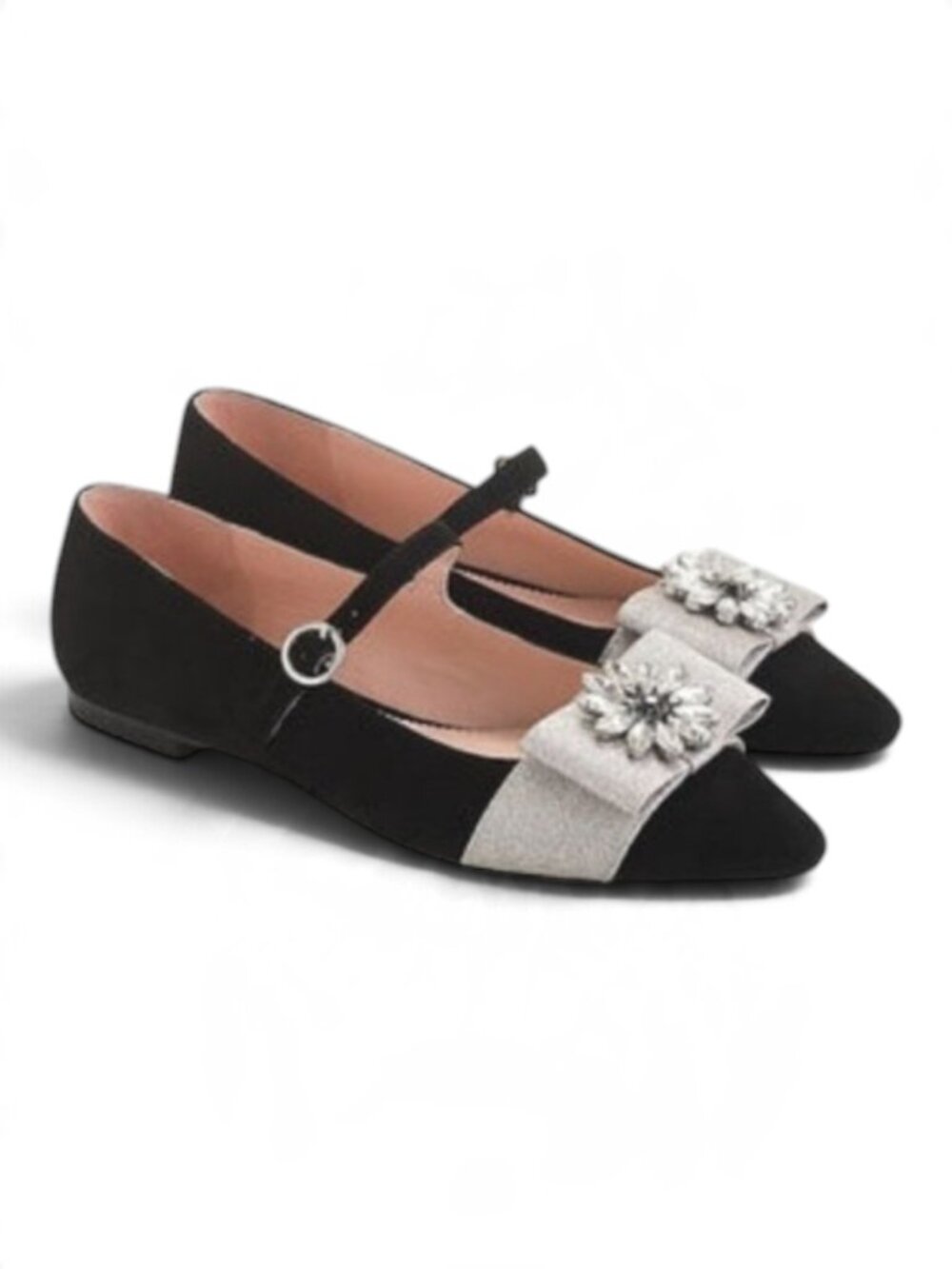 J Crew Pointed-Toe Mary Jane Coquette Black Suede Shoes Embellished Bow Size 7